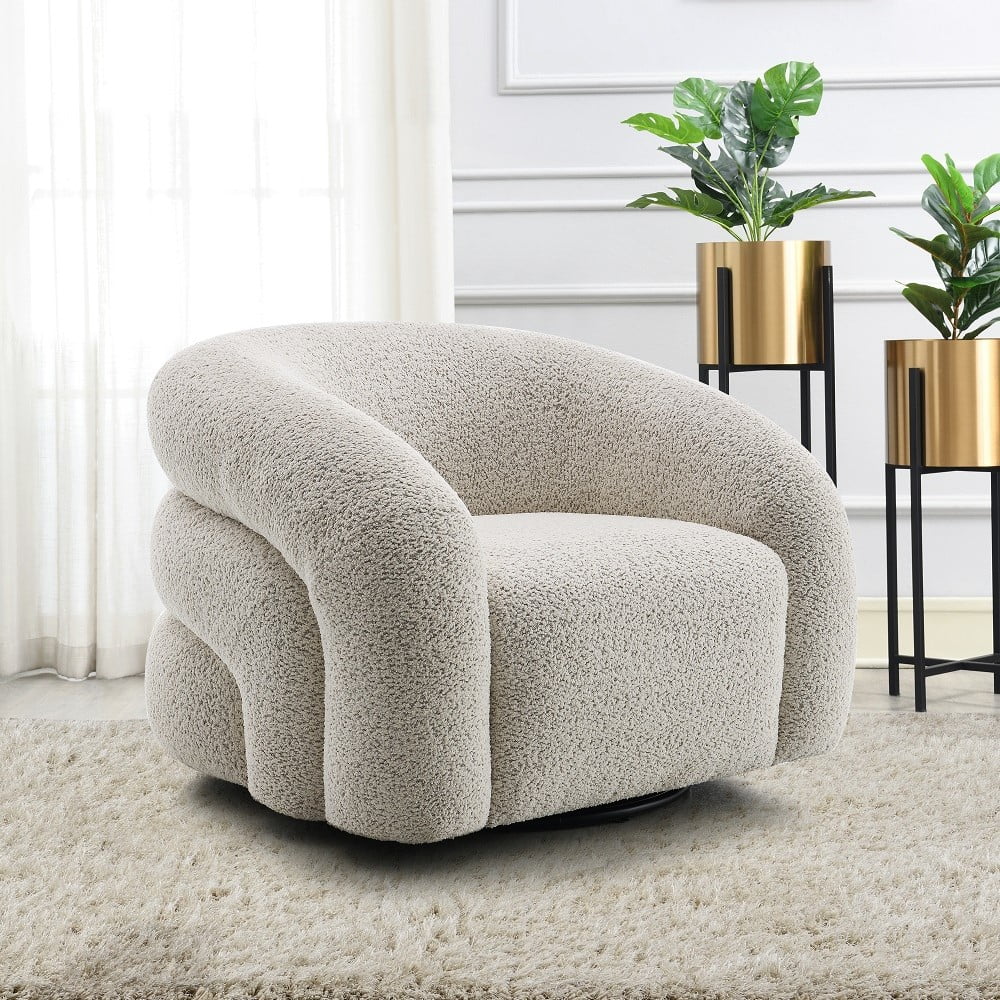 Irma Gray Boucle Swivel Chair with Solid Wood Frame