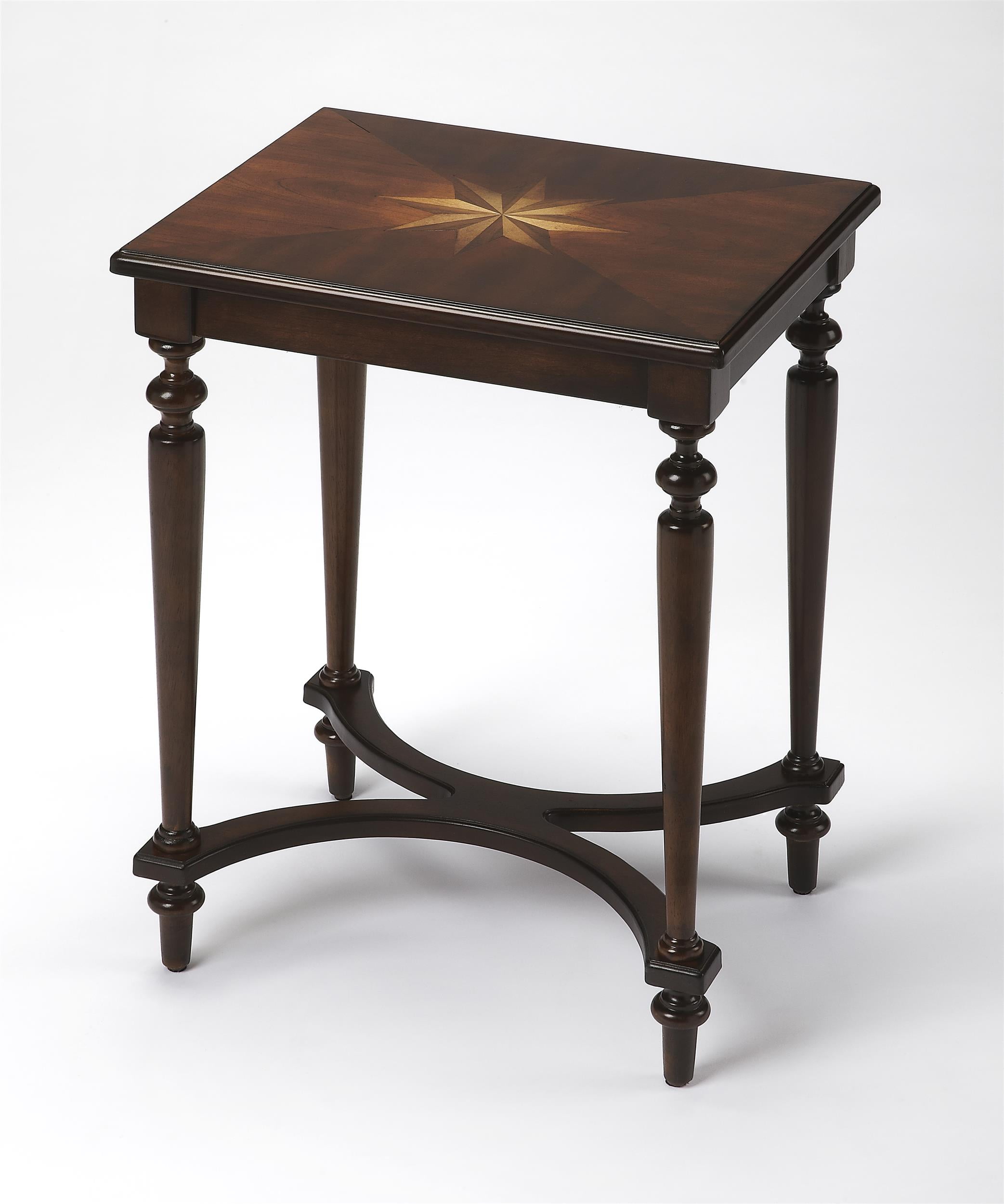 Cherry Wood Round Accent Table with Starburst Inlay