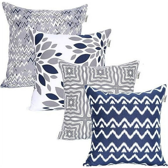 ACCENTHOME Pack of 4 | Printed Soft Decorative Square Throw Pillow Covers Cushion Cover Pillowcases | Home Decorations for Sofa, Couch, Bedroom | Indoor & Outdoor Cushion Covers | 18"x18" in Grey-Navy