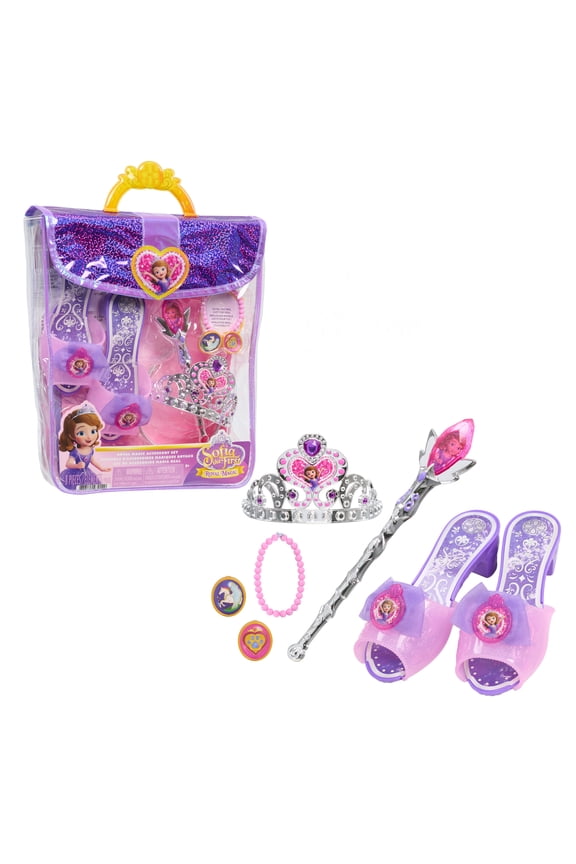 Disney Jr. Sofia the First Royal Accessory Set, Kids Dress-Up Accessories with Tiara, Wand, Play Shoes, Tote Bag, Bracelet and 2 Charms, Ages 3+