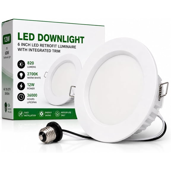 ACCL 6 Inch LED Retrofit Downlight, 12W Recessed Ceiling Light, 2700K Soft Warm White, 820 Lumens, Integrated Trim, E26 Adapter Included, White Finish
