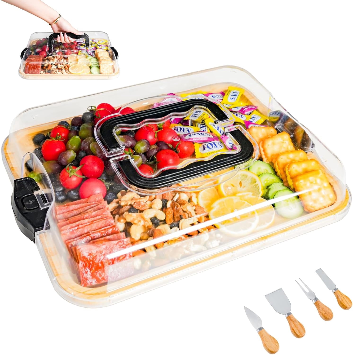 ACCL Bamboo Charcuterie Board 1-Compartment with Locking Lid, Ergonomic ...