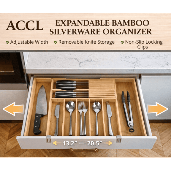ACCL Expandable Bamboo Silverware Organizer with Knife Block, Adjustable Drawer Organizer 13.2"–20.5", Non-Slip Locking Clips, 9-Compartment Kitchen Utensil Tray (Pack of 2)