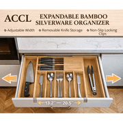 ACCL Expandable Bamboo Silverware Organizer with Knife Block, Adjustable Drawer Organizer 13.2" 20.5", Non-Slip Locking Clips, 9-Compartment Kitchen Utensil Tray