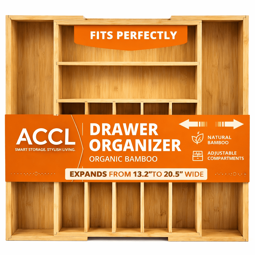 ACCL Expandable Bamboo Silverware Organizer, Adjustable Drawer Organizer 13.2"–20.5", Non-Slip Locking Clips, 9-Compartment Kitchen Utensil Tray