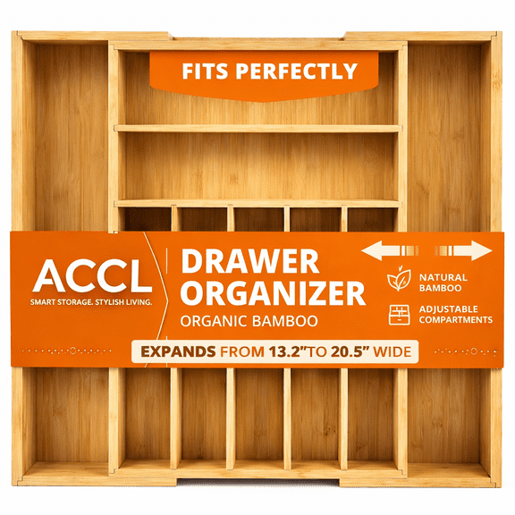 ACCL Expandable Bamboo Silverware Organizer, Adjustable Drawer Organizer 13.2"–20.5", Non-Slip Locking Clips, 9-Compartment Kitchen Utensil Tray (Pack of 2)