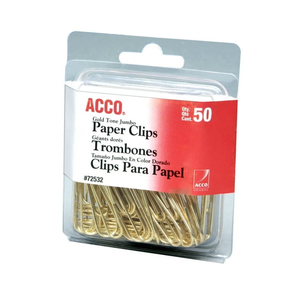ACCO Gold Tone Clips, Smooth Finish, Jumbo Size, 50/Box