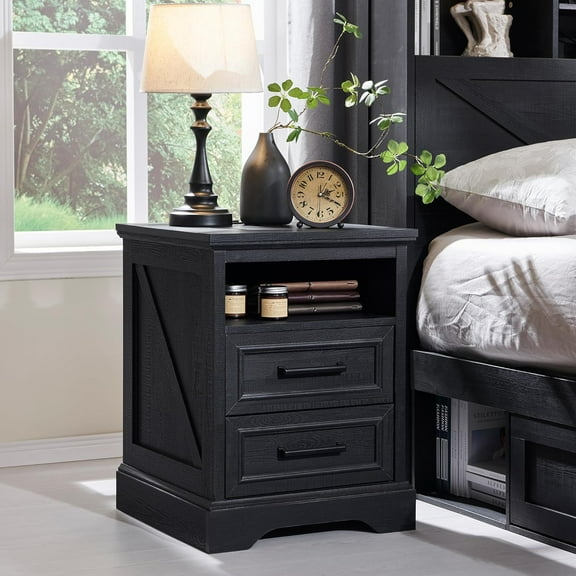 ACCOHOHO 18" Farmhouse Nightstand with Charging Station, End Table with 2 Drawers Storage, Black