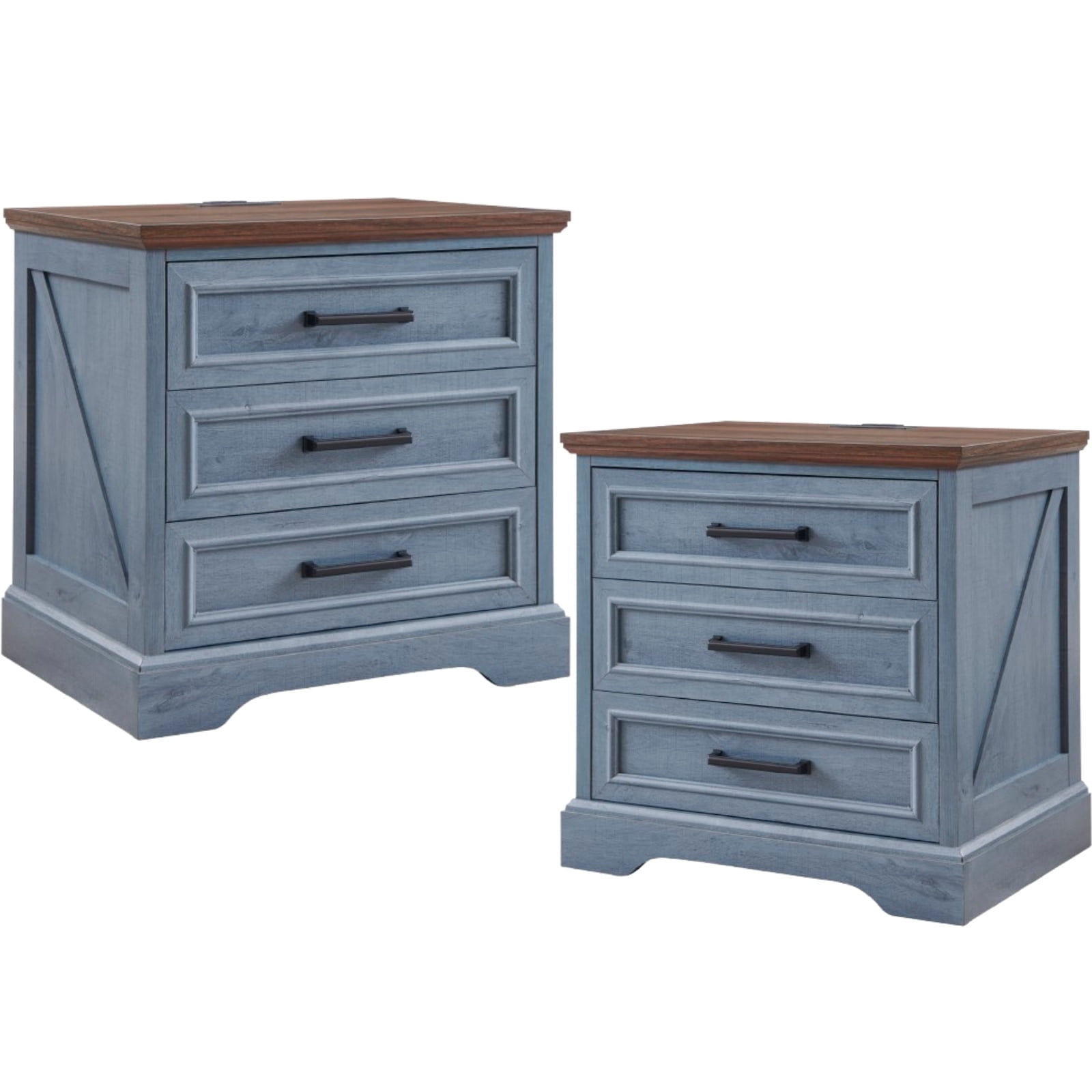 ACCOHOHO 3 Drawer Nightstand Set of 2 with Charging Station - Farmhouse End Tables, Rustic Side Tables for Bedroom & Living Room, Blue