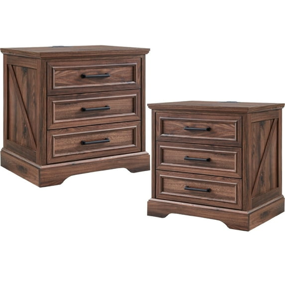 ACCOHOHO 3 Drawer Nightstand Set of 2 with Charging Station - Farmhouse End Tables, Rustic Side Tables for Bedroom & Living Room, Brown