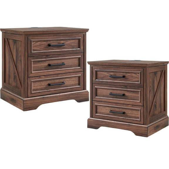 ACCOHOHO 3 Drawer Nightstand Set of 2 with Charging Station - Farmhouse End Tables, Rustic Side Tables for Bedroom & Living Room, Brown
