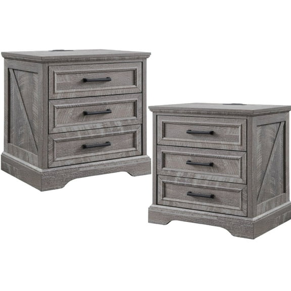 ACCOHOHO 3 Drawer Nightstand Set of 2 with Charging Station - Farmhouse End Tables, Rustic Side Tables for Bedroom & Living Room, Grey