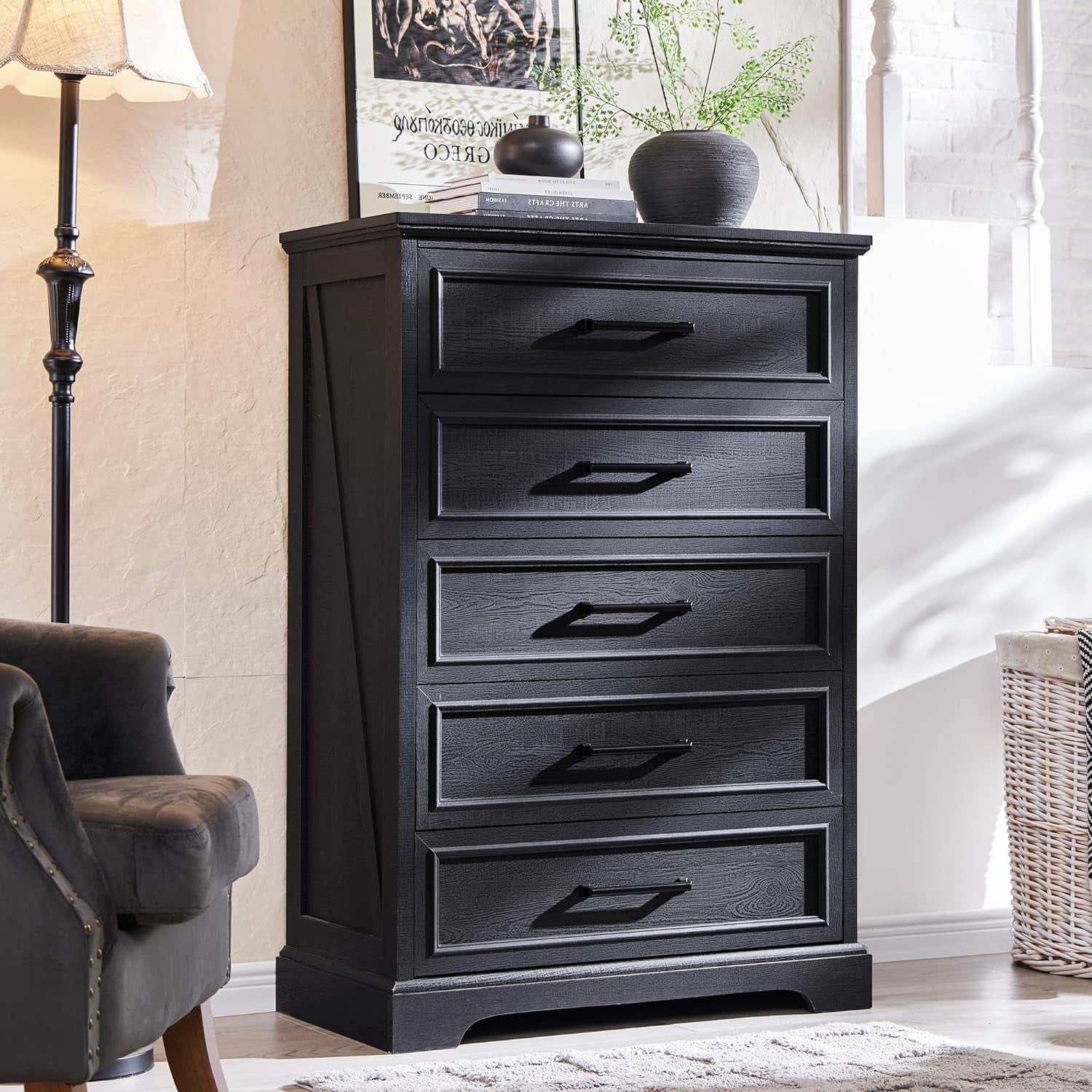 ACCOHOHO 5-Tier Storage Dressers, Wood Rustic Chest of Drawers for Bedroom Living Room, Black