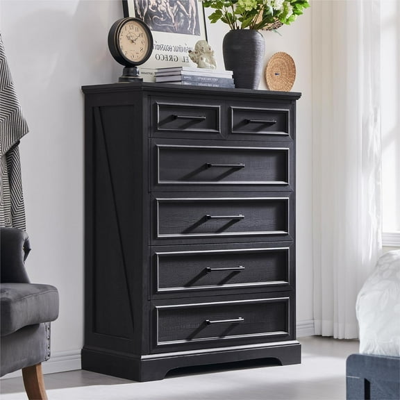 ACCOHOHO 6 Drawer Dresser for Bedroom, Farmhouse 46" High Wooden Country Style Drawer Chest, Wide Metal Handle Pull-out Storage Cabinet, Black