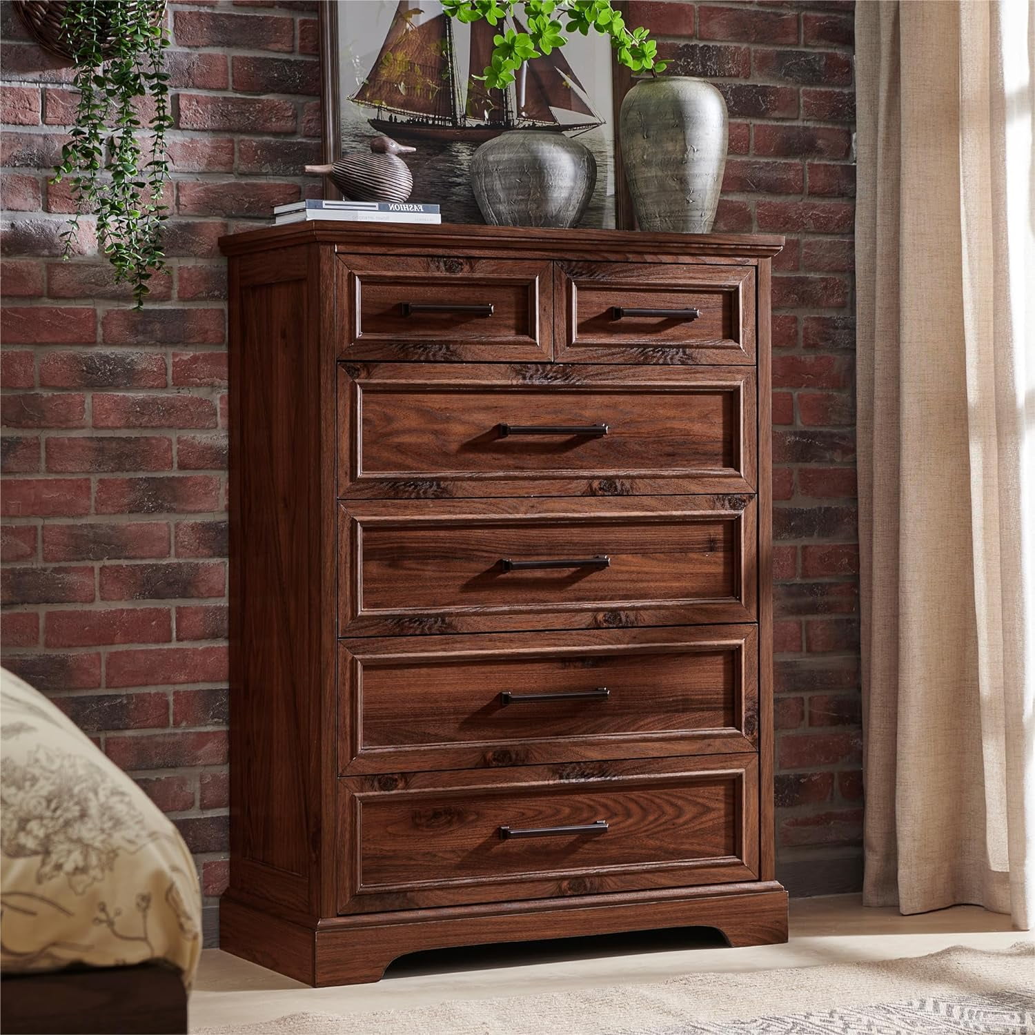 ACCOHOHO 6 Drawer Dresser for Bedroom, Farmhouse 46" High Wooden Country Style Drawer Chest, Wide Metal Handle Pull-out Storage Cabinet, Brown