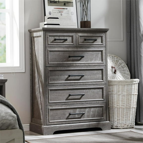 ACCOHOHO 6 Drawer Dresser for Bedroom, Farmhouse 46" High Wooden Country Style Drawer Chest, Wide Metal Handle Pull-out Storage Cabinet, Grey