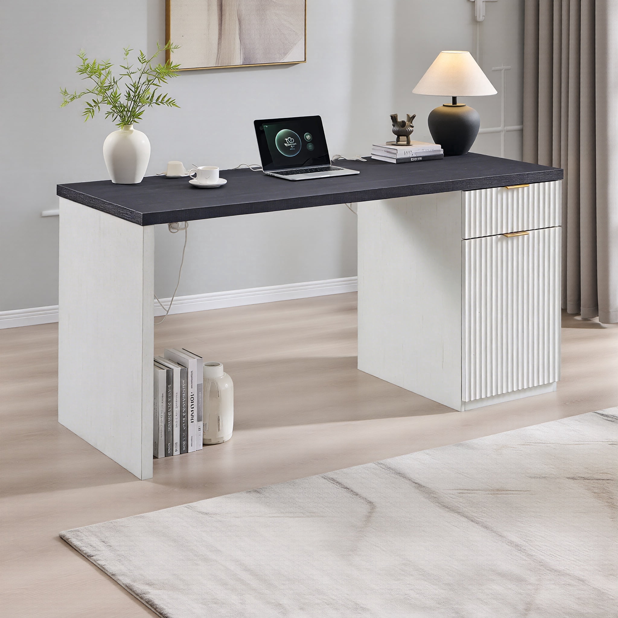 ACCOHOHO 60" Modern Executive Desk with Storage, Wooden Fluted Home Office Desk with Drawer & Cabinet for Study Bedroom Living Room - Antique White