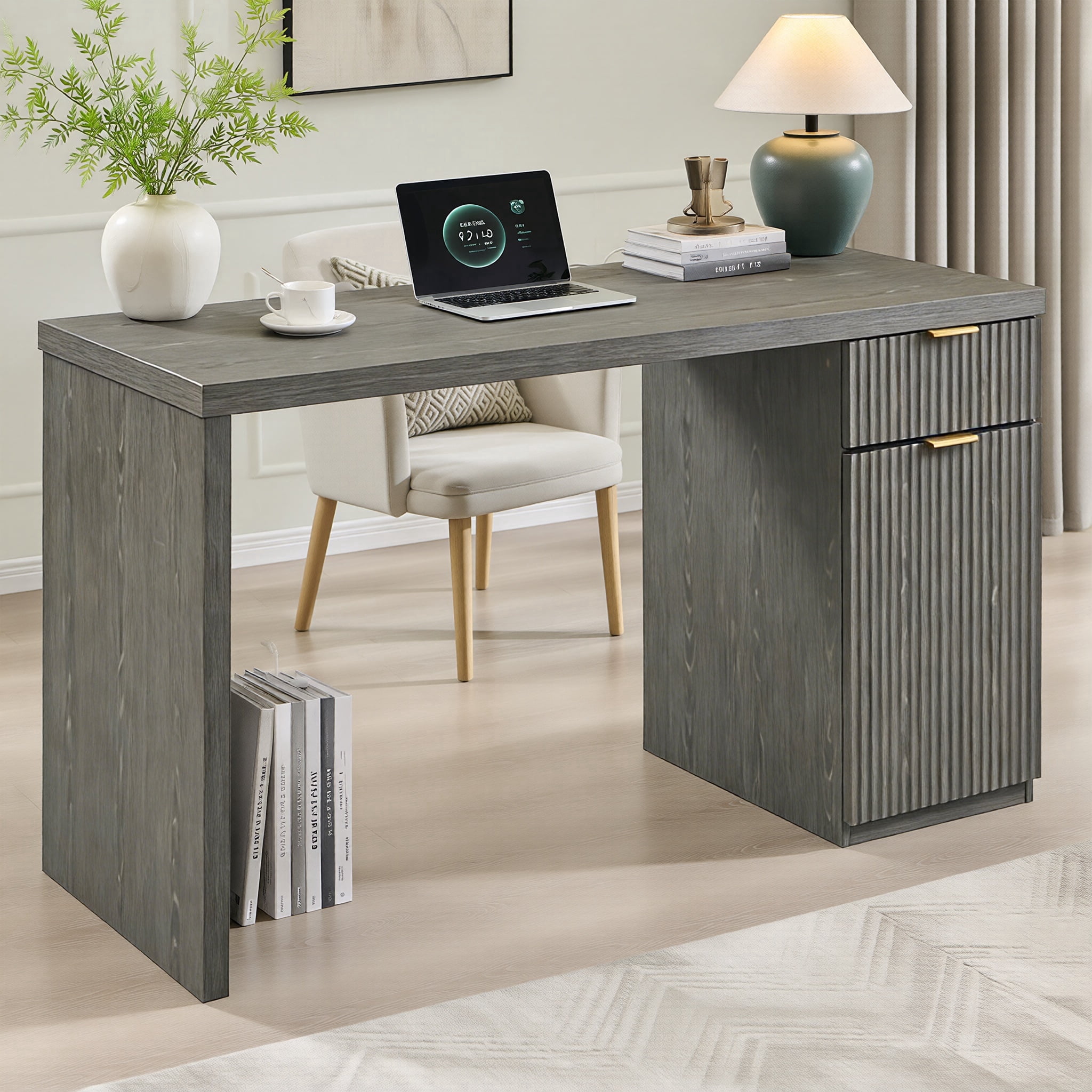 ACCOHOHO 60" Modern Executive Desk with Storage, Wooden Fluted Home Office Desk with Drawer & Cabinet for Study Bedroom Living Room - Grayish Green
