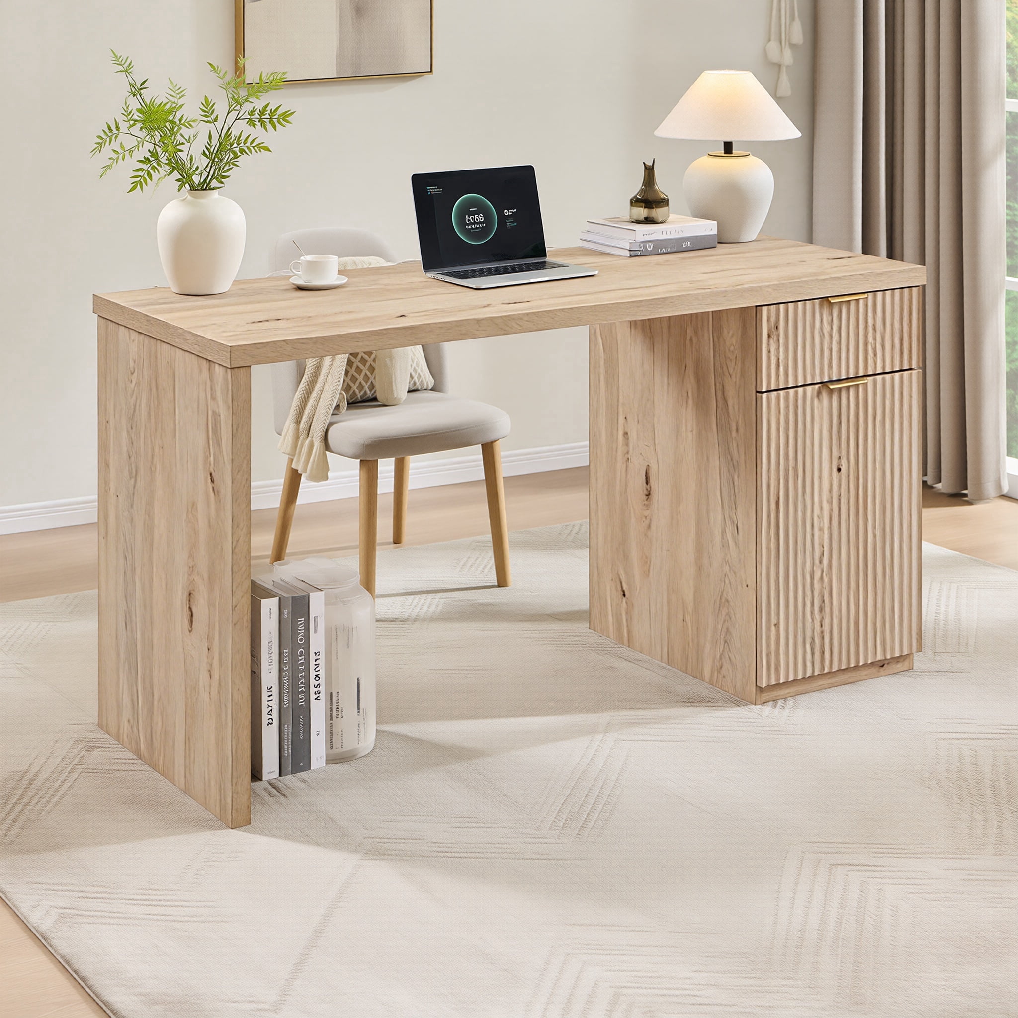 ACCOHOHO 60" Modern Executive Desk with Storage, Wooden Fluted Home Office Desk with Drawer & Cabinet for Study Bedroom Living Room - Natural Oak