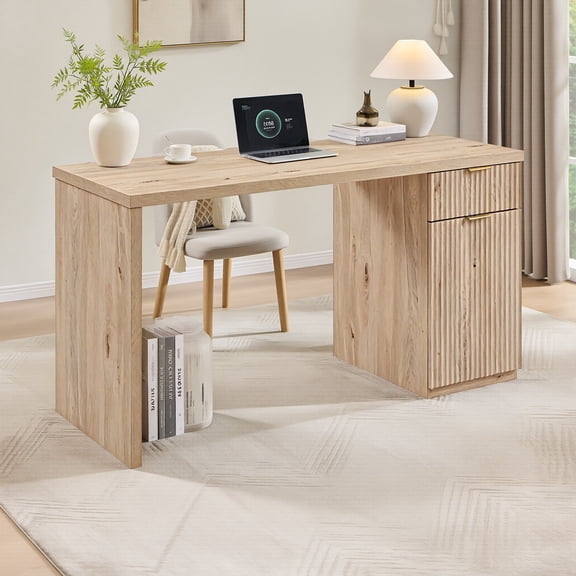 ACCOHOHO 60" Modern Executive Desk with Storage, Wooden Fluted Desk with Drawer & Cabinet, Home Office Desk for Office, Study, Bedroom, Natural Oak