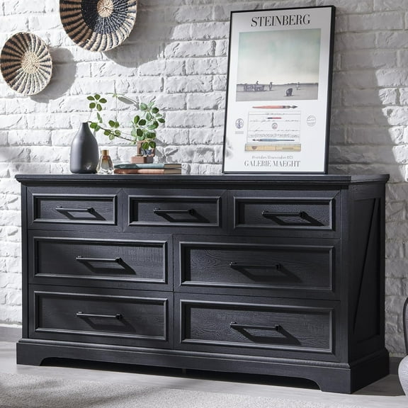 ACCOHOHO 7 Drawer Dresser for Bedroom, Farmhouse Rustic Wood Dresser Chest of Wide Drawers for Living Room, Black
