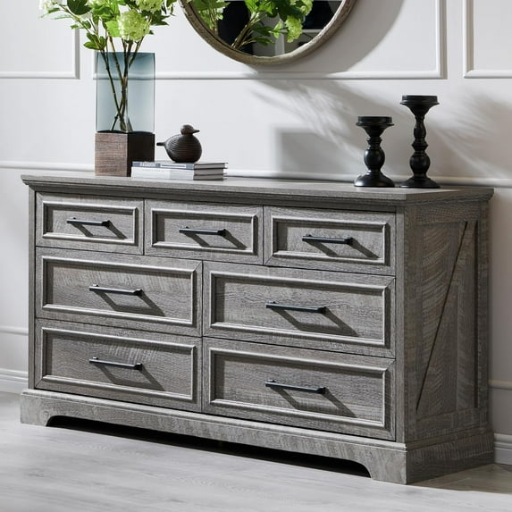 ACCOHOHO 7 Drawer Dresser for Bedroom, Farmhouse Rustic Wood Dresser Chest of Wide Drawers for Living Room, Grey