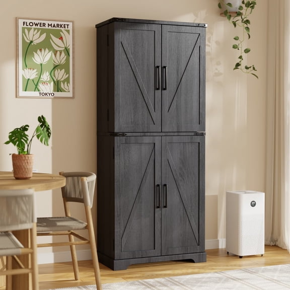 ACCOHOHO 72" Tall Kitchen Pantry Cabinets, Farmhouse Storage Cabinet with Barn Door, Drawer & Adjustable Shelves for Kitchen, Dining Room, Bathroom, Black