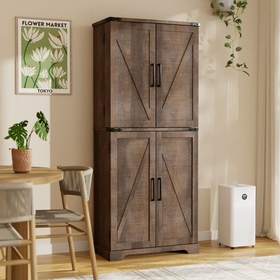 ACCOHOHO 72" Kitchen Pantry Cabinets, Tall Farmhouse Storage Cabinet with Barn Door, Drawer and Adjustable Shelves, Rustic Wood Cupboard for Kitchen, Dining Room, Bathroom, Rustic Brown