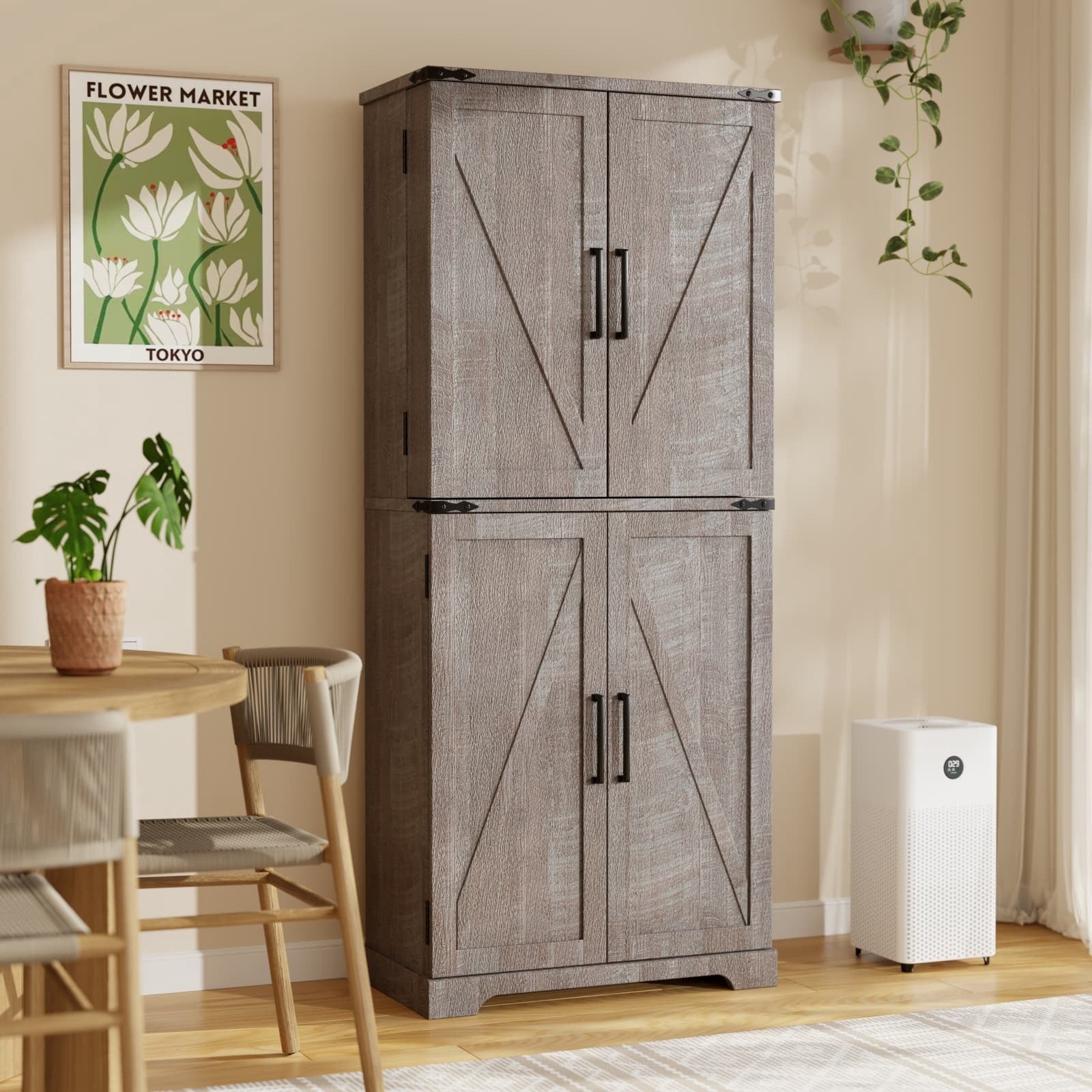 ACCOHOHO 72" Tall Kitchen Pantry Cabinets, Farmhouse Storage Cabinet with Barn Door, Drawer & Adjustable Shelves for Kitchen, Dining Room, Bathroom, Rustic Grey