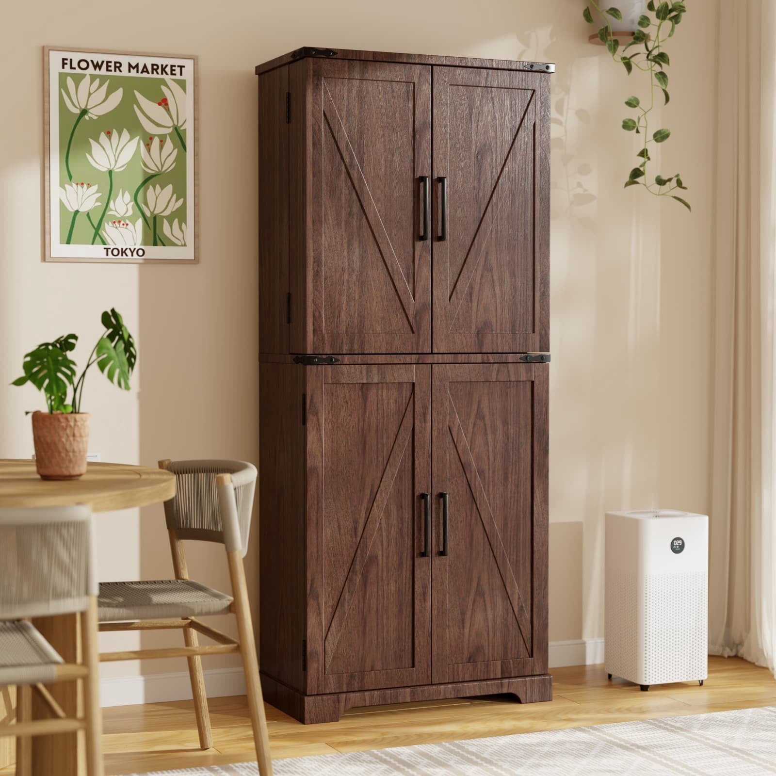 ACCOHOHO 72" Tall Kitchen Pantry Cabinets, Farmhouse Storage Cabinet with Barn Door, Drawer & Adjustable Shelves for Kitchen, Dining Room, Bathroom, Brown