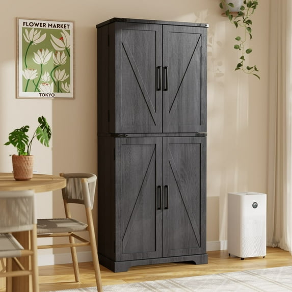 ACCOHOHO 72" Kitchen Pantry Cabinets, Tall Farmhouse Storage Cabinet with Barn Door, Drawer and Adjustable Shelves, Rustic Wood Cupboard for Kitchen, Dining Room, Bathroom, Black