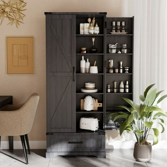 ACCOHOHO 72" Tall Kitchen Pantry Cabinet, Farmhouse Wood Storage Cabinet with Doors, Adjusting Shelves and Organizer, Cupboard for Kitchen, Dining Room, Bathroom, Black