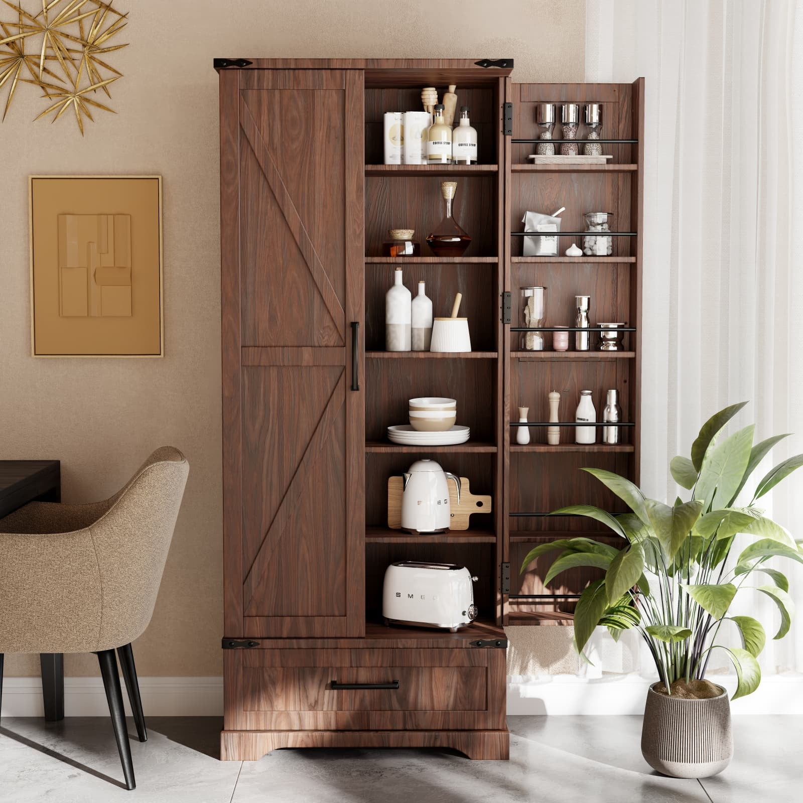 ACCOHOHO 72" Tall Kitchen Pantry Cabinet, Farmhouse Wood Storage Cabinet with Doors, Adjusting Shelves and Organizer, Cupboard for Kitchen, Dining Room, Bathroom, Brown