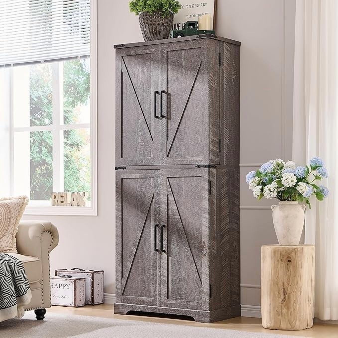 ACCOHOHO 72" Tall Kitchen Pantry, Farmhouse Storage Cabinet with Barn Doors, Drawer and Adjustable Shelves, Rustic Wood Cupboard for Kitchen, Dining Room, Bathroom, Rustic Grey