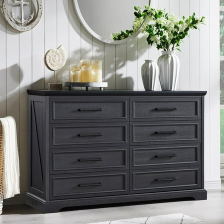 ACCOHOHO 8 Drawer Dressers Chests for Bedroom,52"Wide Rustic Wood Chest of Drawers，Black