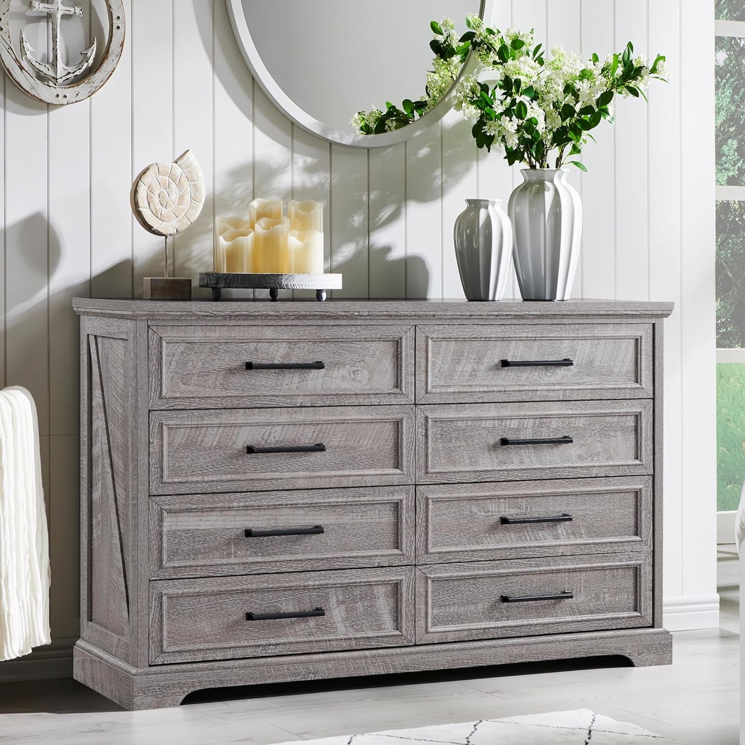 ACCOHOHO 8 Drawer Dressers Chests for Bedroom,52"Wide Rustic Wood Chest of Drawers，Grey