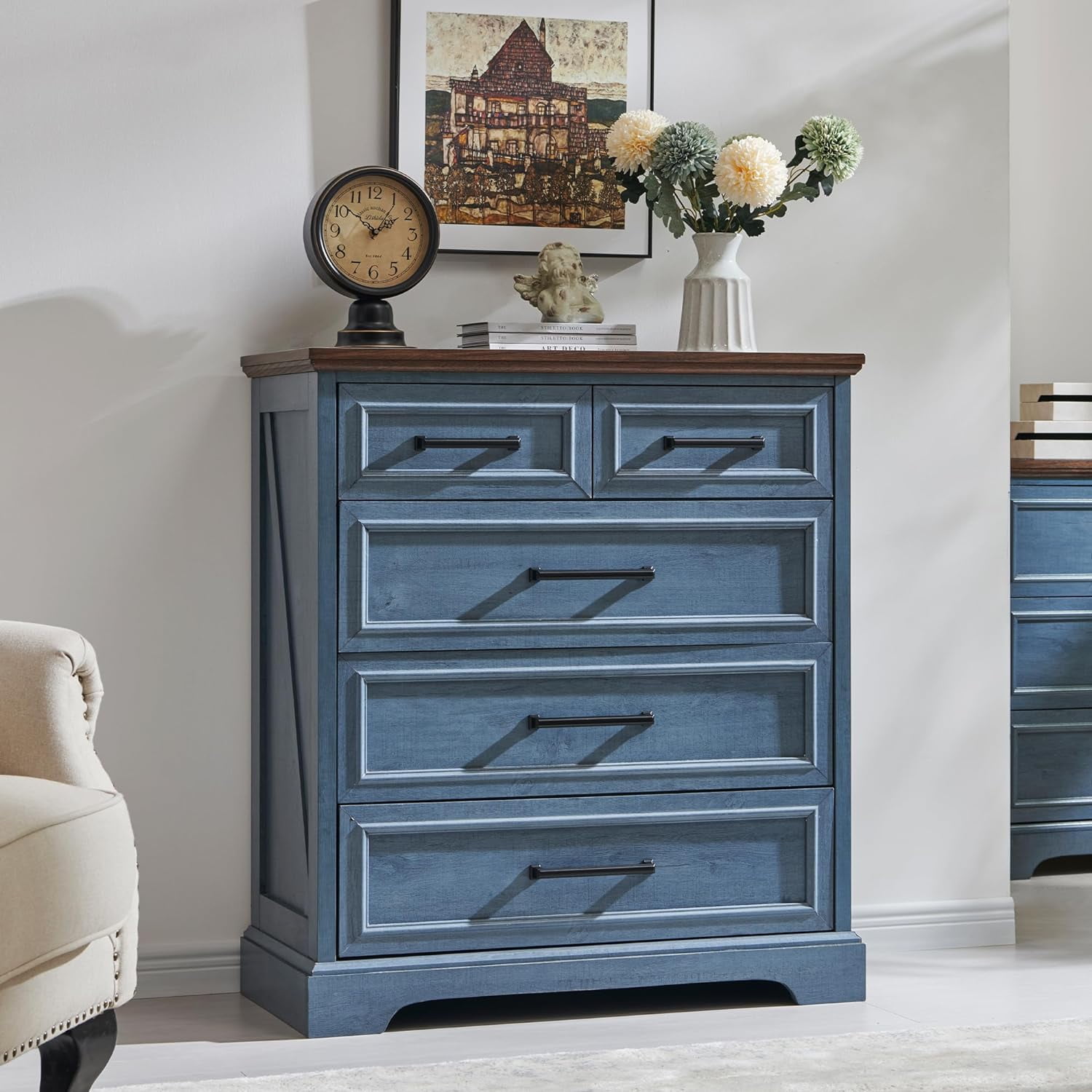 ACCOHOHO Farmhouse 5 Drawer Dresser 32 Storage Cabinet for Bedroom Chest of Drawers Wood Organizer for Living Room Blue