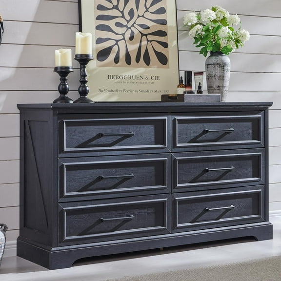ACCOHOHO Farmhouse 6 Drawer Dresser, Rustic Wood Dresser Chest of Drawers for Bedroom, 52'' Wide TV Stand with Large Drawers for Living Room, Black