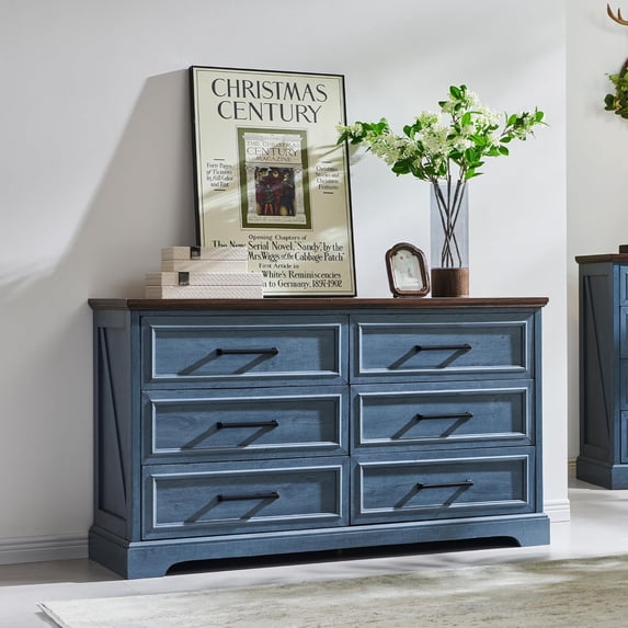 ACCOHOHO Farmhouse 6 Drawer Dresser, Rustic Wood Dresser Chest of Drawers for Bedroom,52'' Wide TV Stand with Large Drawers for Living Room, Blue