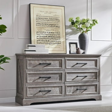 ACCOHOHO Farmhouse 6 Drawer Dresser, Rustic Wood Dresser Chest of Drawers for Bedroom，52'' Wide TV Stand with Large Drawers for Living Room， Grey