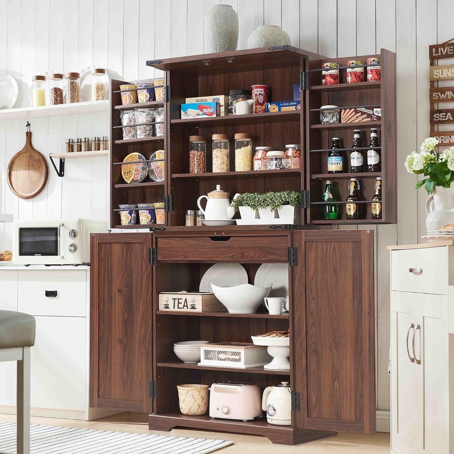 ACCOHOHO 72 Tall Kitchen Pantry Farmhouse Storage Cabinet with Barn Doors Drawer and Adjustable Shelves Rustic Wood Cupboard for Kitchen Dining