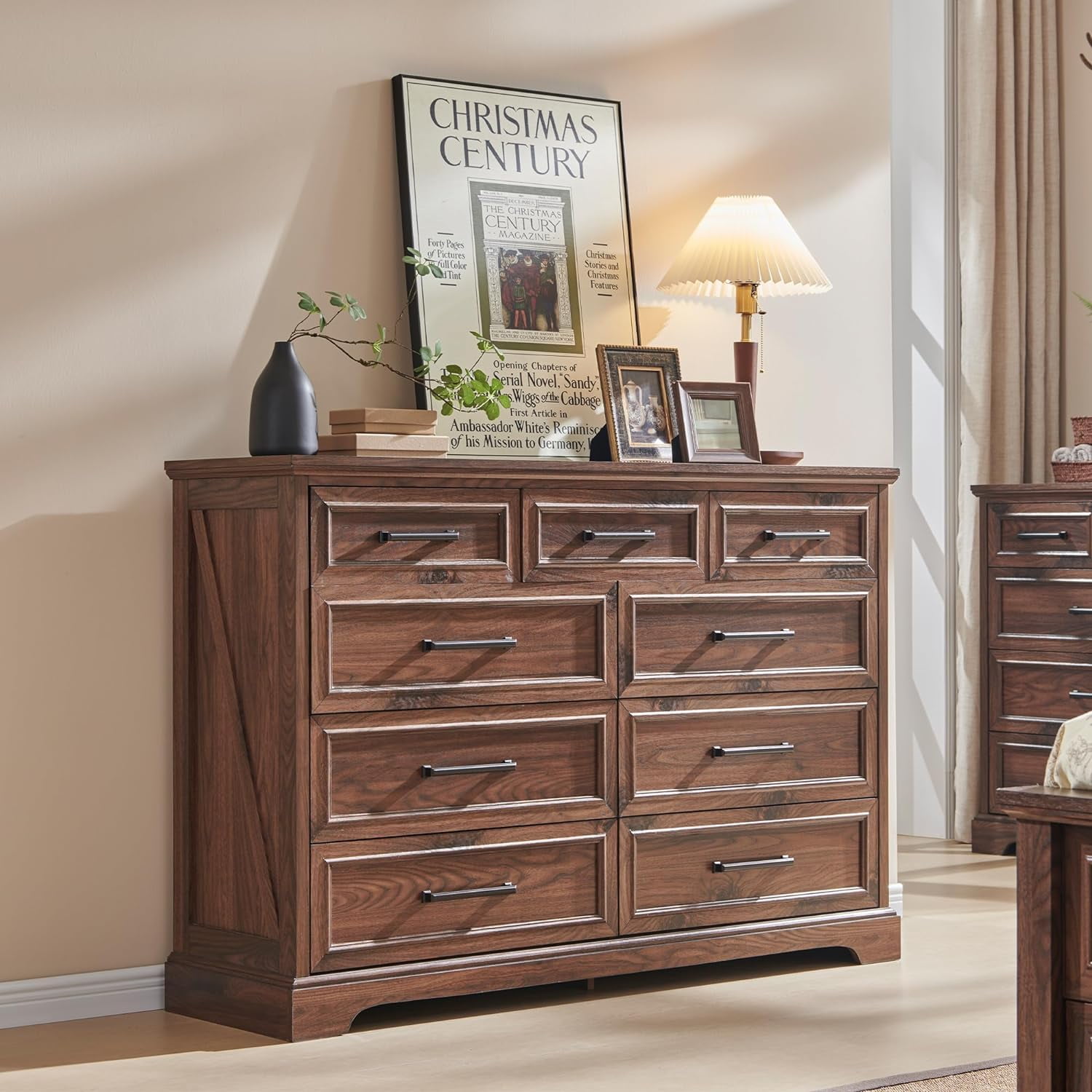 ACCOHOHO Farmhouse 9 Drawers Dresser, Rustic Wood Dresser Chest of Drawers for Bedroom，TV Stand with Large Drawers for Living Room，Brown