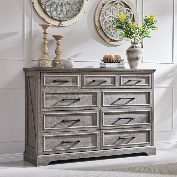 ACCOHOHO Farmhouse 9 Drawers Dresser, Rustic Wood Dresser Chest of Drawers for Bedroom,TV Stand with Large Drawers for Living Room,Grey