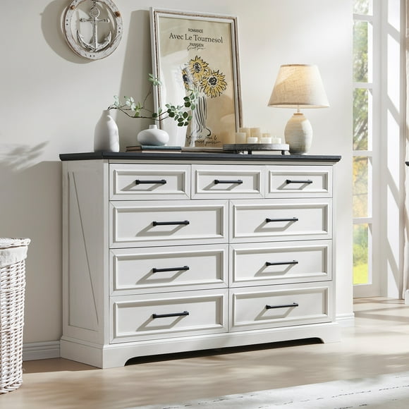 ACCOHOHO Farmhouse 9 Drawers Dresser, Rustic Wood Dresser Chest of Drawers for Bedroom，TV Stand with Large Drawers for Living Room，White