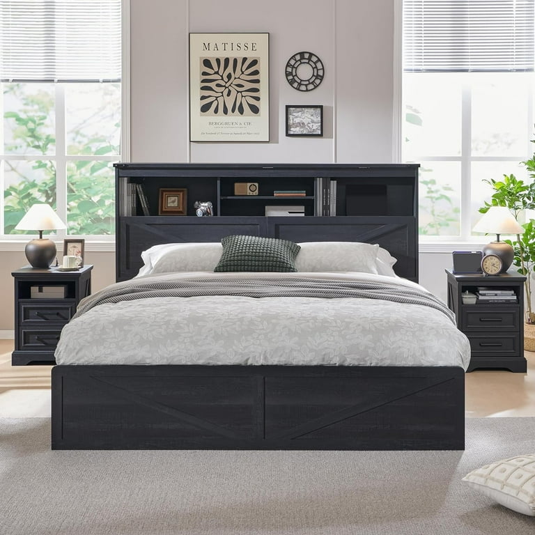 ACCOHOHO Farmhouse Full Size Bed with 4 Drawers Platform Storage Bed Frame with 52 Wooden Bookcase Headboard and LED Light Black
