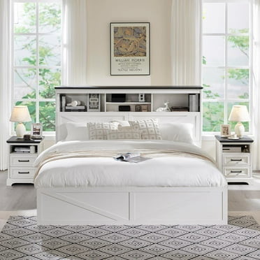 ACCOHOHO Farmhouse Full Size Bed with 4 Drawers Rustic Platform Storage Bed Frame with 52" Wooden Bookcase Headboard and LED Light, White