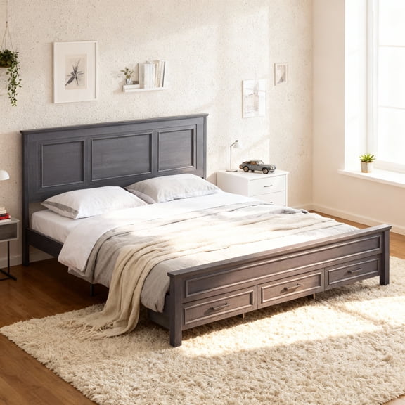 ACCOHOHO Farmhouse King Bed Frame, 1000 LBS Max with Bolt-on Rails & Center-Slat, 3 Drawer Storage, No Squeaks, No Box Spring Needed, King Size Bedroom Set & Camas，Black