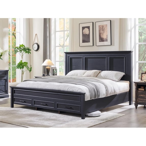 ACCOHOHO Farmhouse King Size Bed Frame with 52" Tall Full-Panel Headboard, Wood Platform Bedframe with Footboard and Storage Drawers, No Squeak, No Box Spring Needed, Antique Black