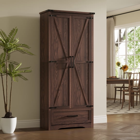 ACCOHOHO Pantry Cabinet, 72" Tall Farmhouse Storage Cabinet with Adjustable Shelves & 1 Drawer for for Kitchen, Dining Room, Brown