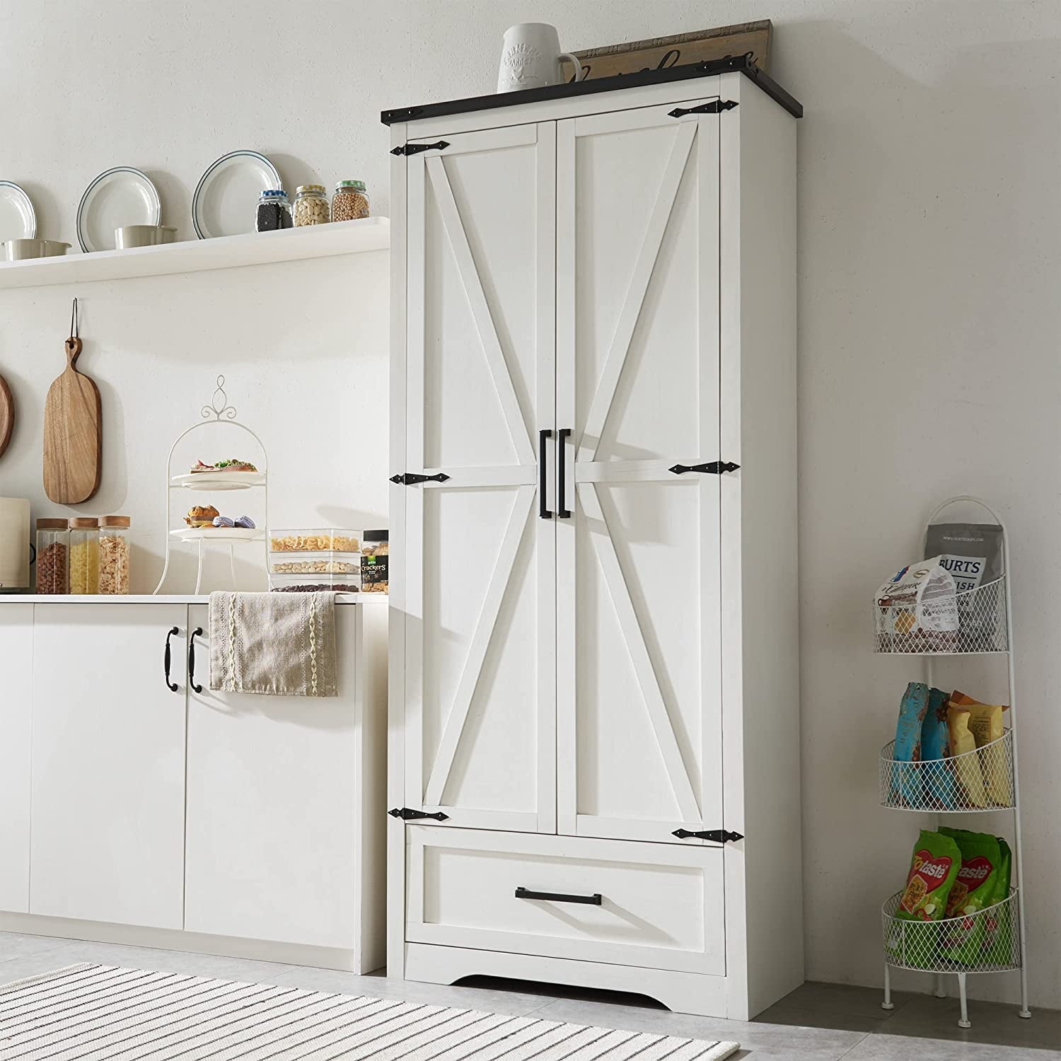 ACCOHOHO Farmhouse Kitchen Pantry Cabinet, Large Drawer Shelves, Wood